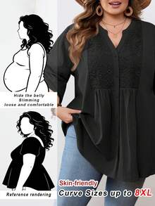 SHEIN CURVE+ Curve Size US22Music Festival, Seaside Vacation, Bohemia Casual Solid Color Lace Patchwork Front Button Loose Blouse - Black - View 2