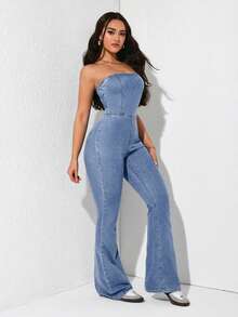 Rivivi Áo liền quần denim dáng ống thoải mái mùa hè dành cho nữ - Rửa nhẹ - Xem 3