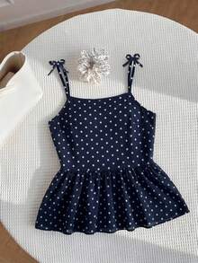 Áo tank top hai dây chấm bi màu xanh dương cho bé gái, chất liệu mềm mại và thời trang, đa năng cho kỳ nghỉ hè, du lịch, đi học và mặc hàng ngày. - Màu xanh lam - Xem 6