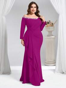 Coutiva Plus Size Women's Off-Shoulder Formal Evening Gown (Heavily Embellished) - Hot Pink - View 6