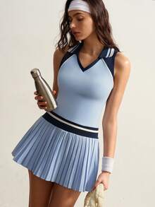 VARSITIE Vestido deportivo de mujer con rayas y dobladillo plisado sin mangas - Multicolor - Ver 10