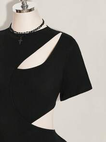 SHEIN ICON 女款大尺碼 Y2K 黑色秋季夜店舞廳復古鏤空解構 2 合 1 修身 T-shirt 連身衣 都市街頭風 - 黑色 - 查看 5