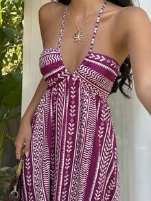 Sunnyshic Women's Pink Halter Tie Neck Dress, Fashionable Elegant Romantic Bohemian Style For Beach Vacation, Spring/Summer - Bold Plum - View 7