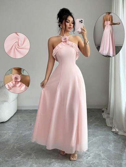 Selianne 女士优雅时尚通勤休闲舒适迷人复古简约高端纯浪漫假日温柔淑女飘逸雪纺无袖荷叶领可拆卸3D立体花朵吊带腰带露背A字长裙