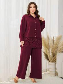 SHEIN Lacomfia Bộ đồ 2 món cỡ lớn, kiểu dáng thường ngày, màu trơn, gồm áo dài tay có bèo nhún ở gấu và quần ống rộng cạp chun, thích hợp cho mùa xuân/thu. - Màu Đỏ Sâu - Xem 6