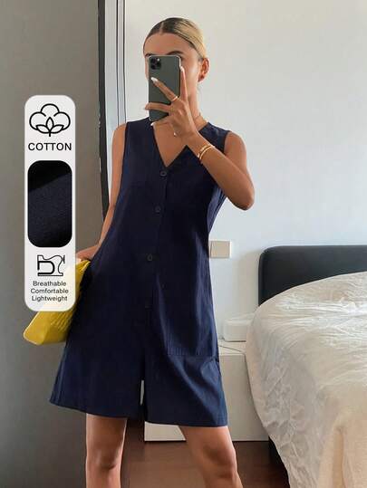 Livesso 女士纯色V领单排扣休闲无袖连体裤 夏季