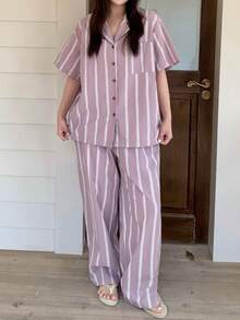 Dazy Plus 2件套女士加大码条纹宽松短袖上衣和长裤睡衣套装，紫色可爱睡衣，春夏款 - 紫色 - 查看 7