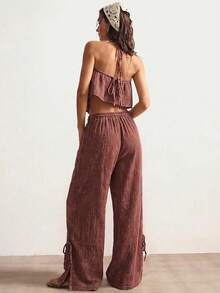 Bohemela Women's Casual Boho Solid Color Woven Loose Wide-Leg Washed Pants Vacation Chocolate Brown Autumn - Coffee Brown - View 7