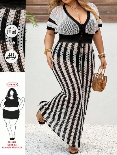 SHEIN CURVE+ 大码度假沙滩条纹印花镂空透视短袖针织连衣裙