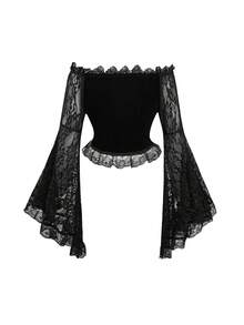 Áo thun nhung bó sát tay loe ren hở vai phong cách Gothic dành cho nữ - màu đen - Xem 2