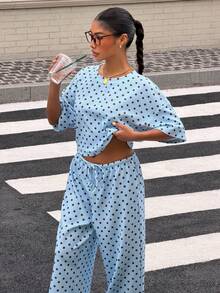 SHEIN Muchic Bộ đồ dệt kim chấm bi xanh dương kiểu dáng thường ngày dành cho nữ - Màu xanh lam - Xem 4