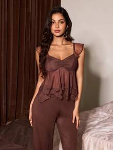 Slumberist Conjunto de pijama de top asimétrico de malla transparente de doble capa y pantalones para mujer - Café integral - Ver 1