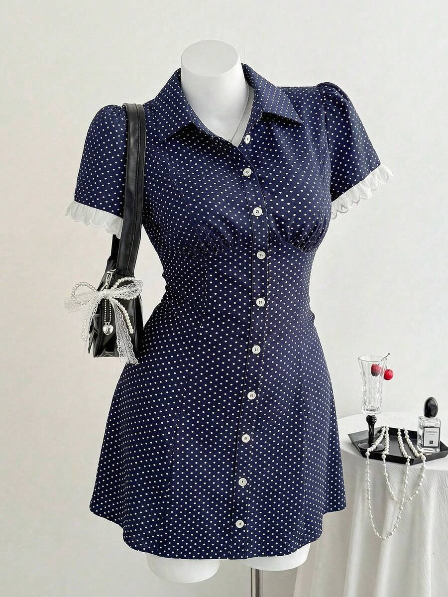 SHEIN Comfortcana 大码波点印花短袖连衣裙 - 彩色 - 查看 1