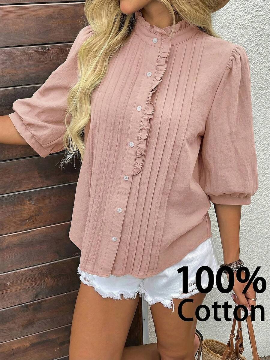 EMERY ROSE Plus Size Solid Color Turtleneck Long Sleeve Shirt - Pink - View 1
