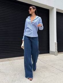 Yohana Edit Women's Casual Striped Long Sleeve Shirt, Spring/Summer,Long Sleeve Tops,Fall Women Clothes - Blue - View 3
