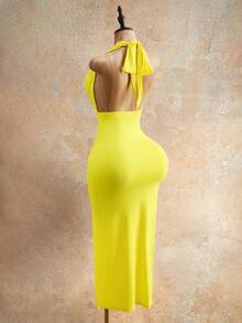 Mistrie Robe sexy plissée à nœud sur le côté avec fente latérale, couleur unie, pour femmes en vacances - Jaune citron - Voir 2