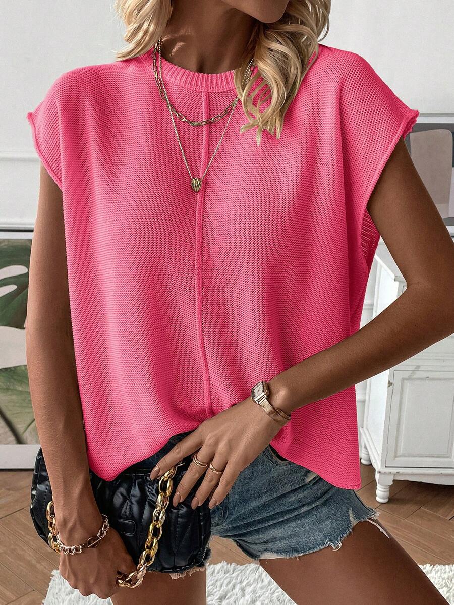 EMERY ROSE Women's Plain Crew Neck Casual Loose Knit Sweater Vest, Autumn/Winter - Hot Pink - View 1