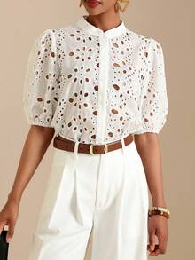 SHEIN Veneréa Blusa casual de mujer con bordado y abertura, de manga corta, versátil para uso diario - Blanco - Ver 5