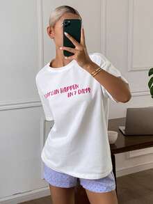 DAZY Women's Letter Print Top And Polka Dot Print Shorts Pajama Set - White - View 5