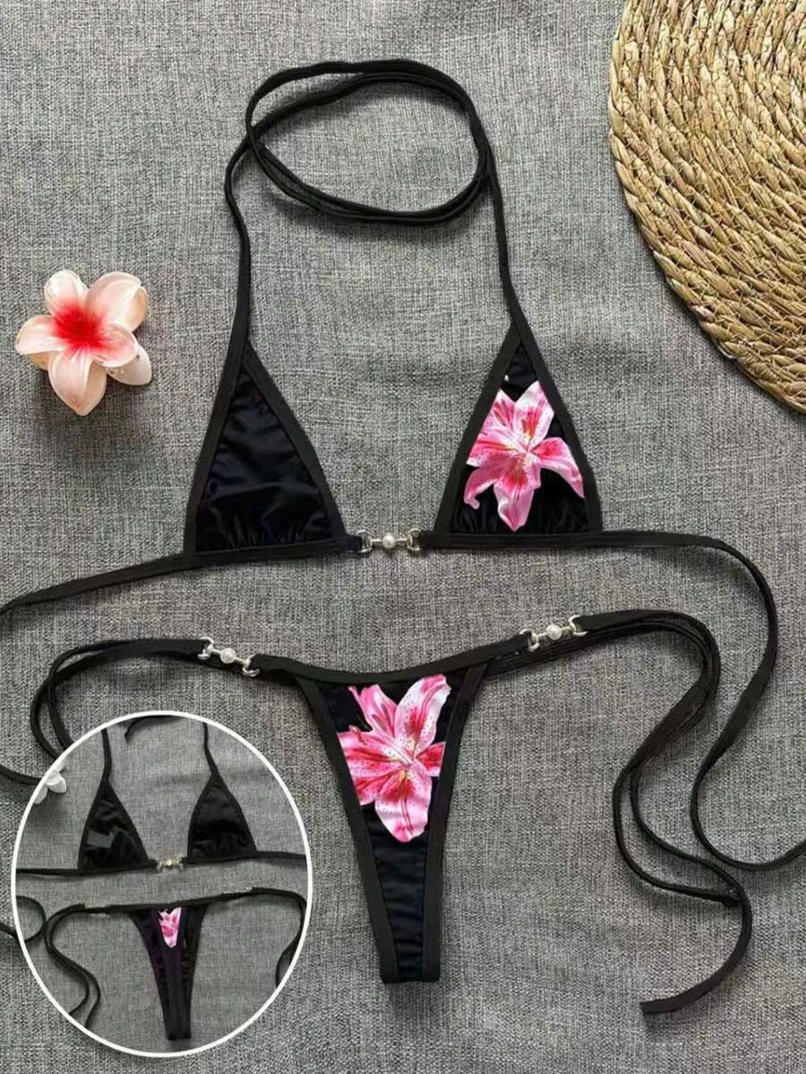Swim Vcay 2pcs Women's New Floral Print Spaghetti Strap Backless Micro Triangle Top And Thong Sexy Bikini Set Set - Black - View 1
