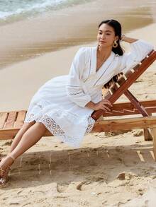 DAZY 女士蕾丝拼接优雅中长连衣裙、荷叶边、秋季连衣裙长袖连衣裙 - 白色 - 查看 7