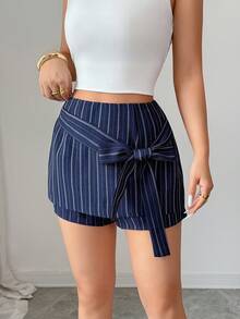 SHEIN Raffinéa Shorts mini de verano casuales y ligeros de mujer, con cordón y rayas azul marino - Azul Marino - Ver 5