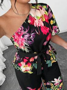 Elenzga Conjunto de 2 peças feminino plus size elegante com estampa floral preta e branca, decote ombro a ombro, cinto e laço, estilo casual chique e modelador. - Multicolorido - Ver 1