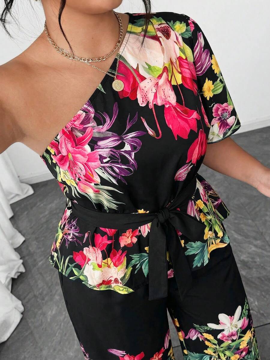 Elenzga Conjunto de 2 peças feminino plus size elegante com estampa floral preta e branca, decote ombro a ombro, cinto e laço, estilo casual chique e modelador. - Multicolorido - Ver 1