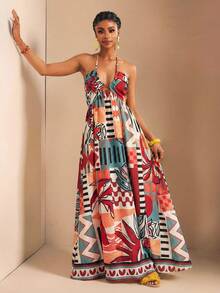 Zivah 新款春夏休闲度假露背吊带连衣裙，露胸、露腰、露背设计，前开衩至大腿，黄色海条纹女士超长连衣裙-B - 彩色 - 查看 6