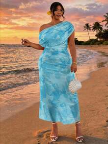 Firerie Vestido largo de verano con estampado completo, ajustado, con hombro asimétrico y de moda, talla grande - Azul - Ver 9