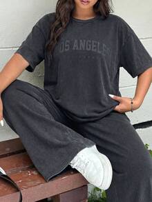 Muchica Plus Size Letter Embossed T-Shirt And Pants 2 Pieces Set - Black - View 1