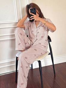 SHEIN Striped Bow Print Lapel Short Sleeve Pajama Set For Women - Brown - View 4