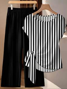 EMERY ROSE Women's Striped Shirt With Tie Bow And Loose Straight Leg Pants 2 Pieces Set - Multicolor - View 5