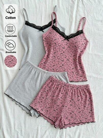 SHEIN Cotton Women 2 Packs Rib Knit Solid Colour Grey& Pink With Heart Pattern Contrast Colour Lace Detail Sleeveless Top&Shorts Homewear Comfort Casual Women Pajama Set For Summer