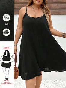 SHEIN CURVE+ 大码女式休闲日常通勤简约百搭100%纯棉纯色纹理面料抽绳腰宽松阔腿裤 - 黑色 - 查看 9