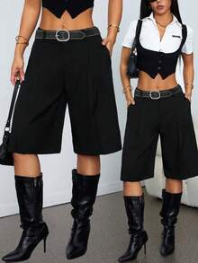 SHEIN PETITE 女士休闲宽松阔腿裤，纯色，适合夏季、都市通勤、商务休闲、办公室穿着、教师穿着。 - 黑色 - 查看 1