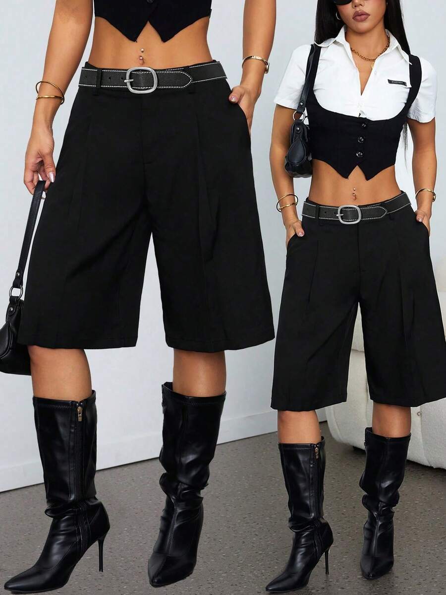 SHEIN PETITE 女士休闲宽松阔腿裤，纯色，适合夏季、都市通勤、商务休闲、办公室穿着、教师穿着。 - 黑色 - 查看 1