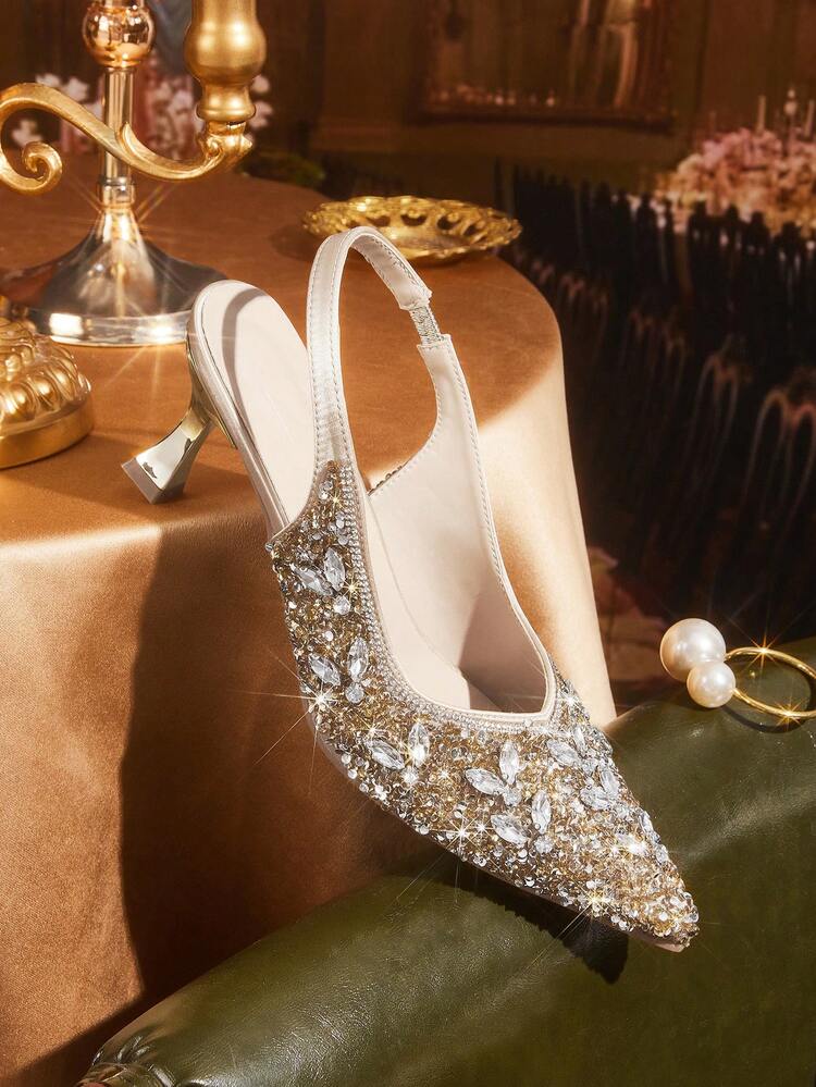 CUCCOO TILAWA Women Shoes Women's Fashion Pointed Gold Metal Rhinestone Evening Wedding Party Outdoor After Empty Pedal High Heel Shoes