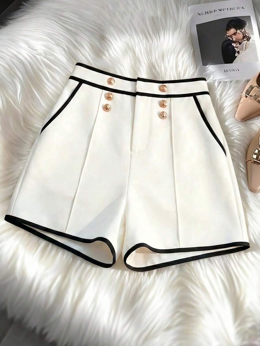GlowEve Celana Pendek Kasual Minimalis Wanita Warna Kontras Hitam & Putih, Cocok Untuk Jalan-jalan, Musim Semi/Panas - Aprikot - View 1