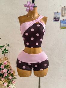 Soleia Women's Summer Y2K Versatile Casual Comfortable Knit Polka Dot Patchwork Color-Block Halter Neck Mini Slim Fit Sexy Hot Girl Top And Shorts. Suitable For Vacations, Parties, Dates, Carnivals, Afternoon Tea, Beaches, Cruises, City Trips, Music Festivals And Many Other Occasions. Party Top, Summer Top, Women's Summer Outfit - Multicolor - View 6