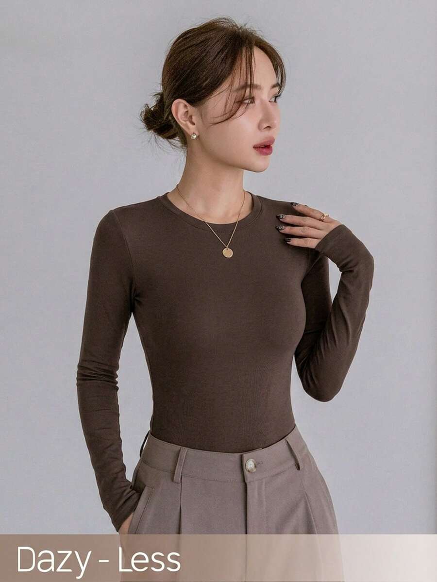 Dazy-Less 女士纯色修身T恤,秋季新品 - 棕色 - 查看 1