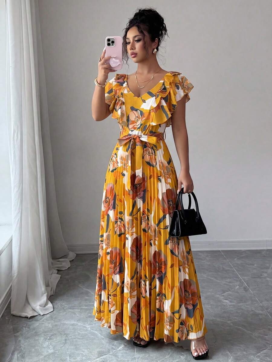 Elenzga Halloween V-Neck Digital Print Vacation Style Ruffle Waist A-Line Elegant Romantic Women Dress - Multicolor - View 1