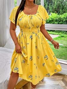Vionelle Plus Size Floral Print Drawstring Front Elastic Waist Short Sleeve Dress - Yellow - View 3