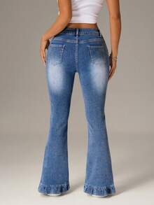 SHEIN PETITE 娇小女款休闲通勤荷叶边修身喇叭牛仔裤 - 藍色 - 查看 2