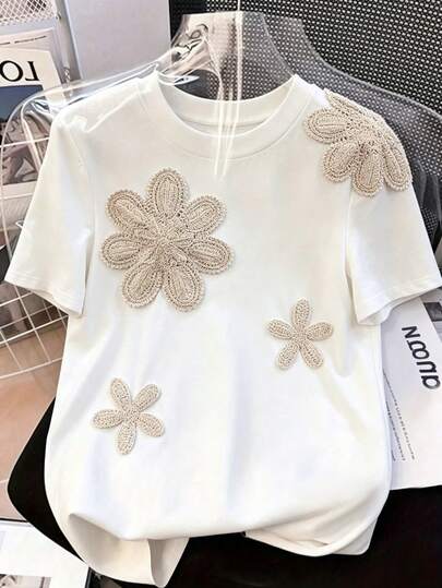 Lyxana Women's Summer Casual Vacation Style Crochet Floral Embroidered Short Sleeve White T-Shirt