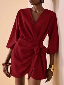 Zivah Women's Solid Color V-Neck Knot Waist Casual Party Mini Dress - Red - View 4