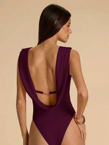 Mono de mujer de unicolor casual con espalda descubierta, decoración de cadena metálica en el cuello, adecuado para playa, vacaciones, resort, trabajo casual, viajes, salidas de ocio, mono marrón, mono elegante y sexy con espalda descubierta - Granada - Ver 2