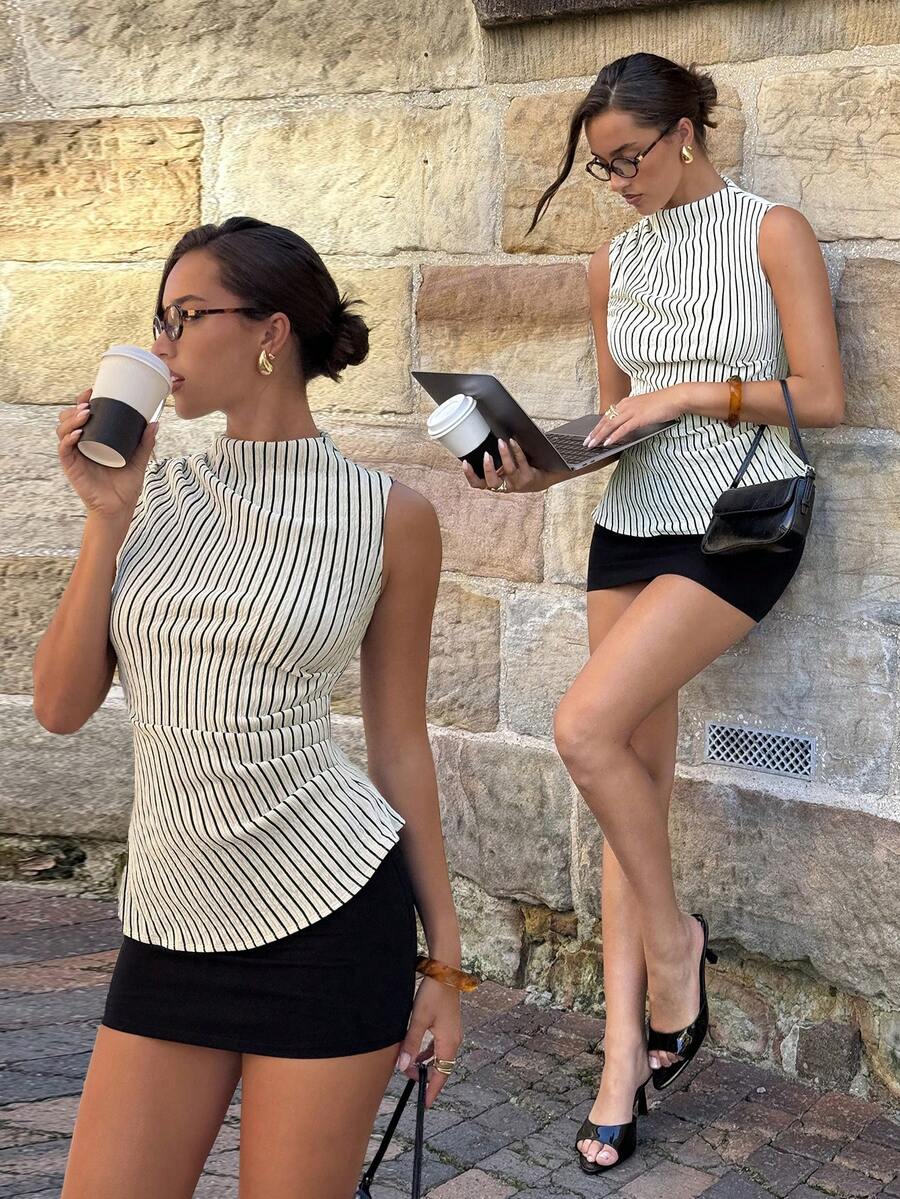 Siren Gaze 女款黑白條紋夏季休閒優雅辦公背心,掛脖百褶無袖背心上衣,露背收腰時尚背心 - 彩色 - 查看 1