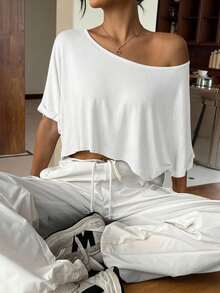 SHEIN EZwear Áo thun dệt kim màu trắng dáng rộng, thoải mái, gợi cảm, hở vai, phong cách thường ngày. - trắng - Xem 6