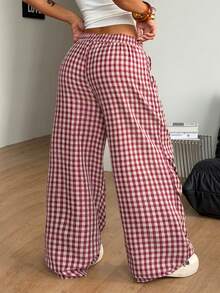 Coolane 夏季女款街頭風外出基本款格紋寬腿褲 都市度假紅白格紋休閒街頭長褲 - 紅色 - 查看 5